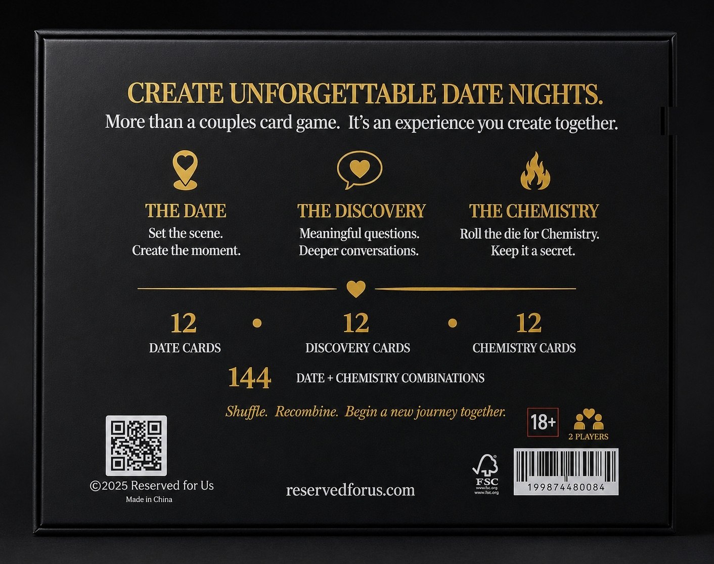 Back of the Reserved for Us box showing The Date, The Discovery, and The Chemistry, with 12 cards in each deck and 144 combinations