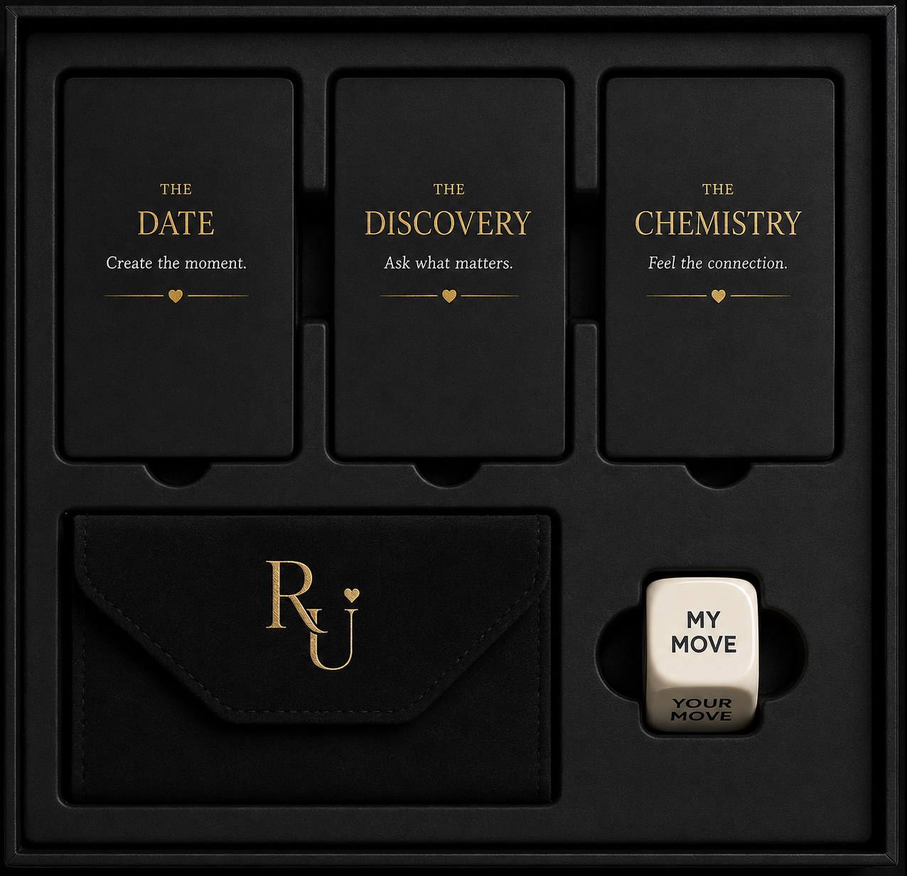 The Reserved for Us tray: The Date, The Discovery and The Chemistry decks, the suede pouch, and the Chemistry Die